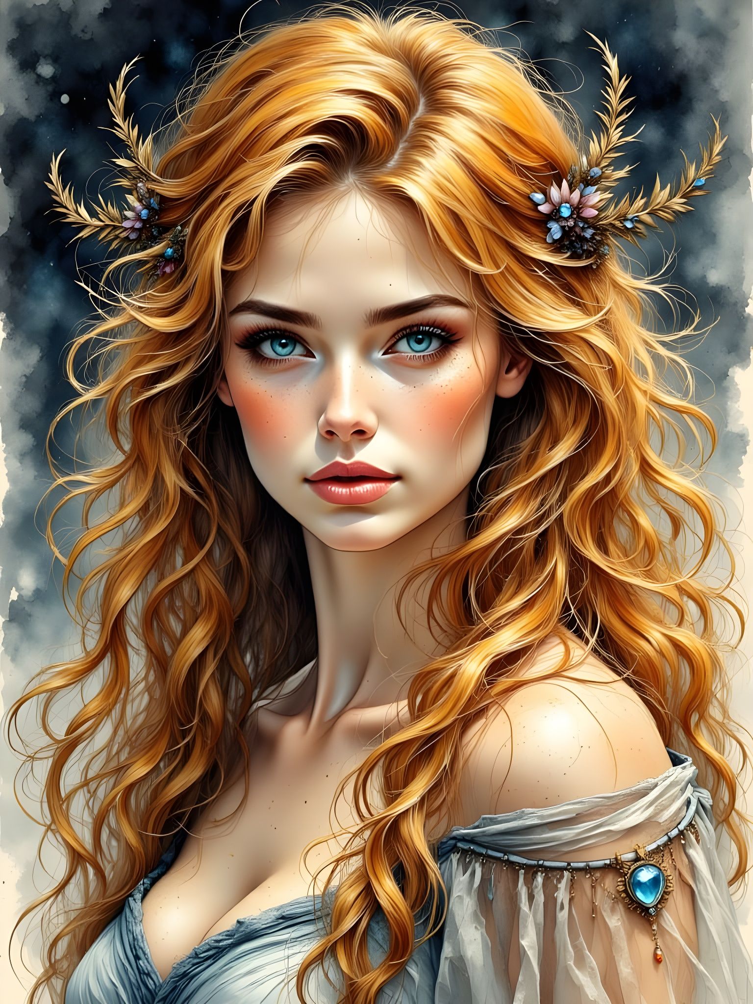 Goddess of Radiant Beauty in Ethereal Ink Portrait