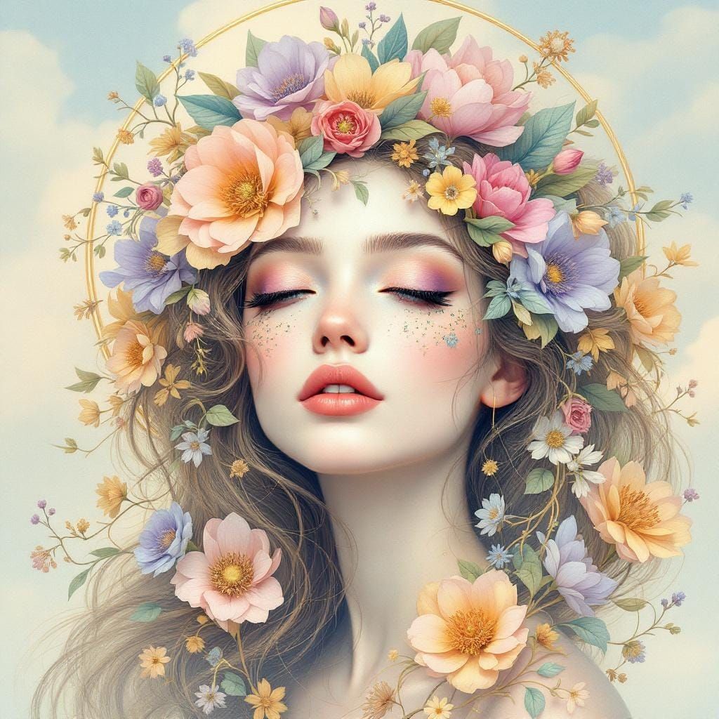 Floral Woman with Petal Features in Art Nouveau Style