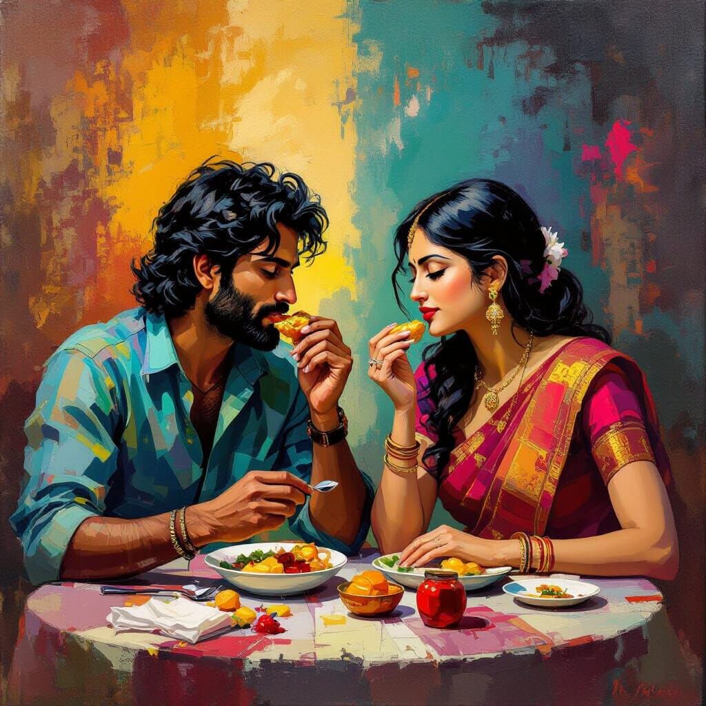 Indian Couple Dining in Classical Style