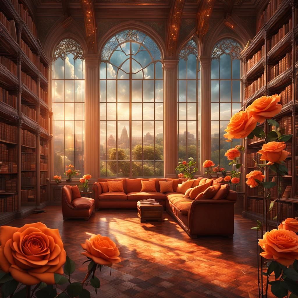 Library Room Overlooking an Orange Rose Garden