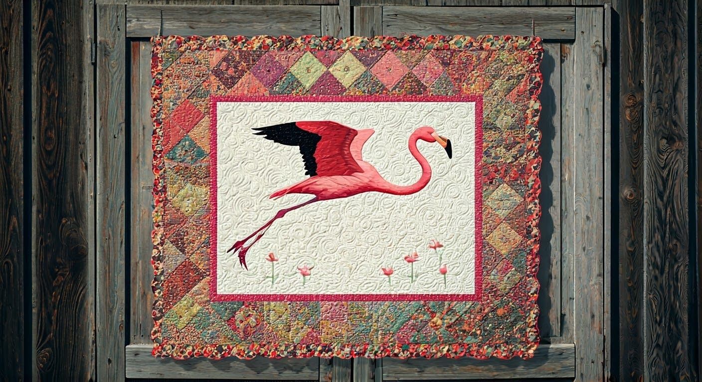 Folk Art Quilt: Pink Flamingo in Flight