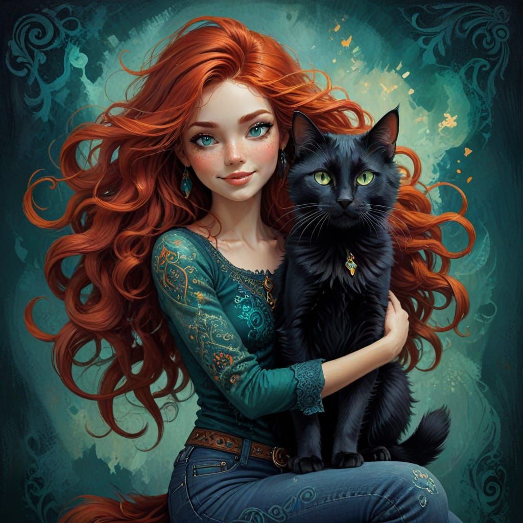 Bohemian Witch and Cat in Vibrant Fantasy Art