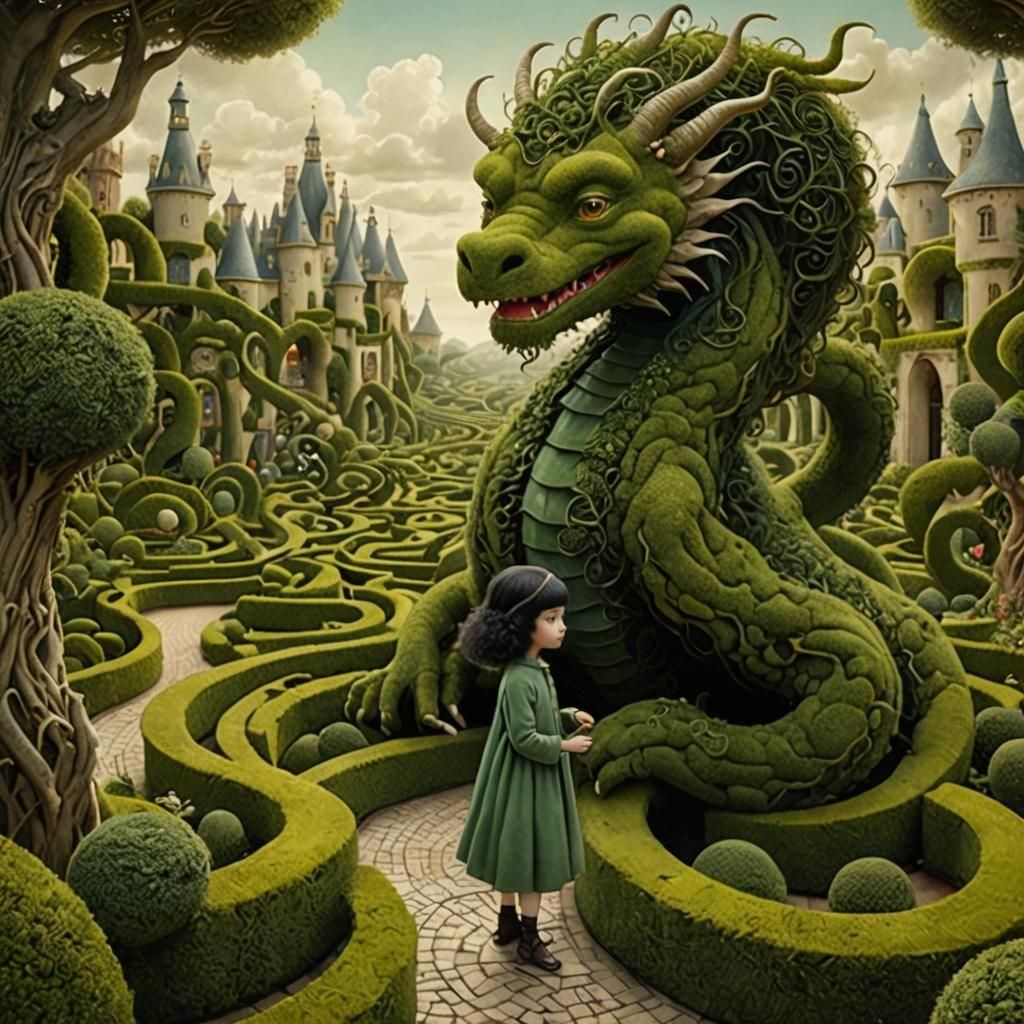 Surreal Dreamscape Garden Maze with Topiary Dragons