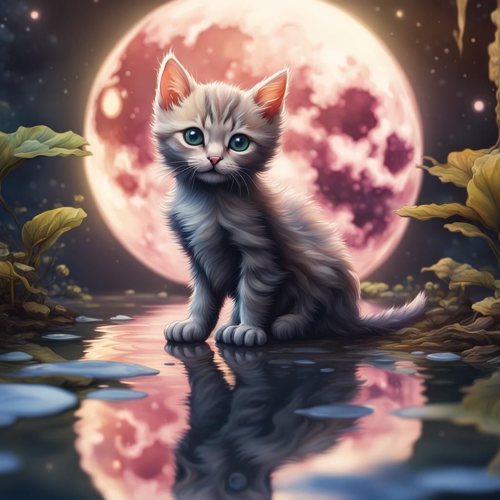 Watercolor Kitten Gazing at Moonlit Pond