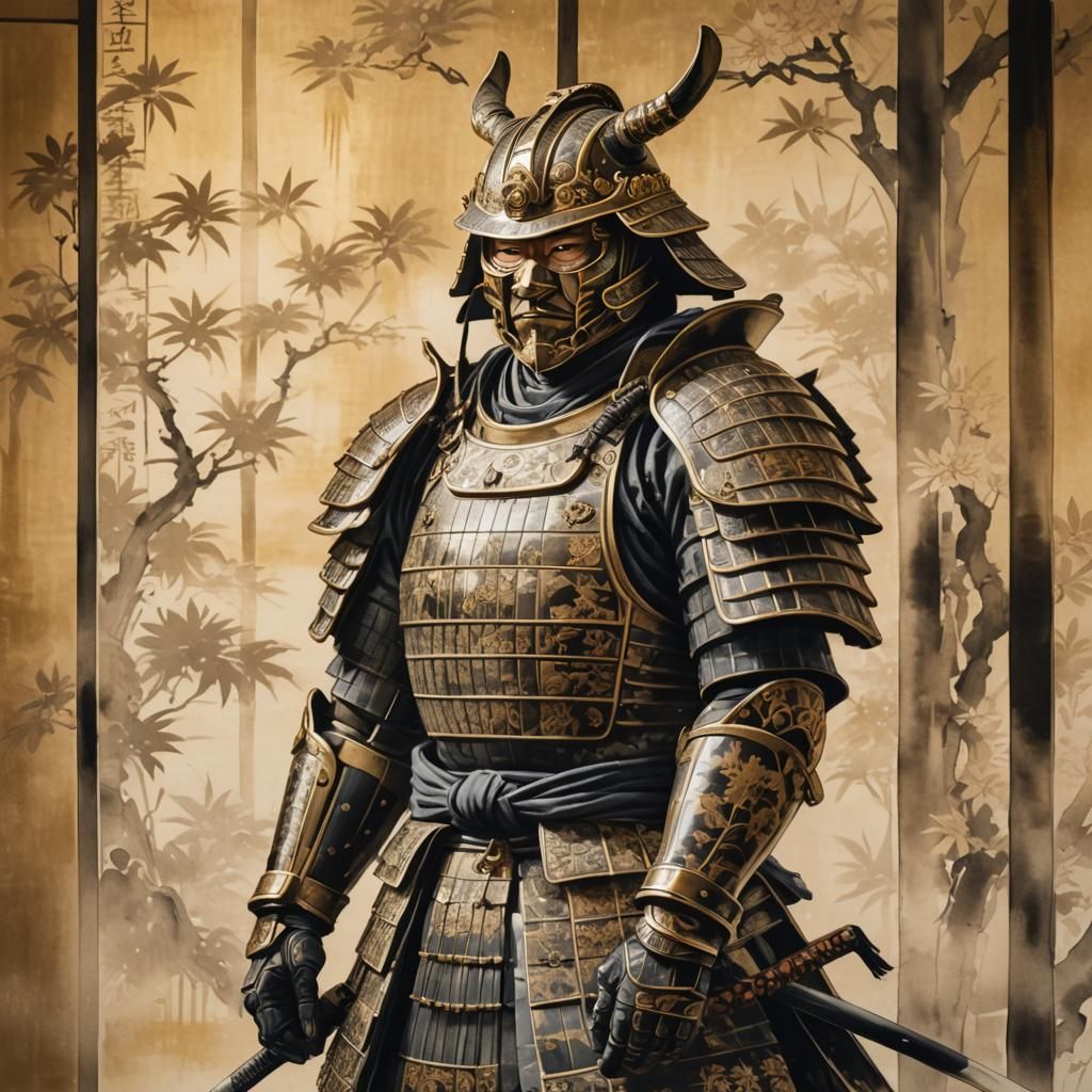 Samurai in Ancient Japanese Building, Sumi-e Style