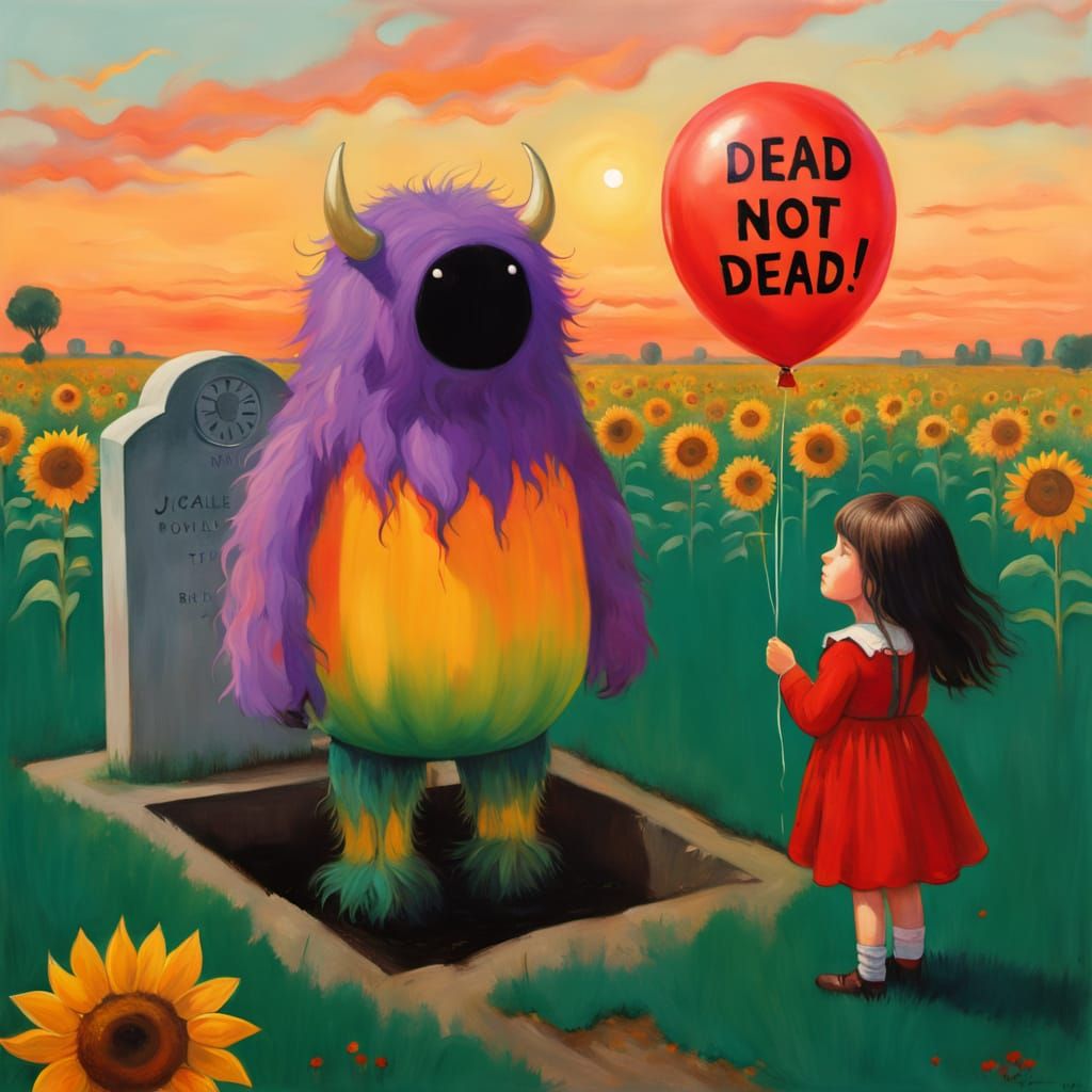 Surreal Monster and Girl with Red Balloon at Sunset