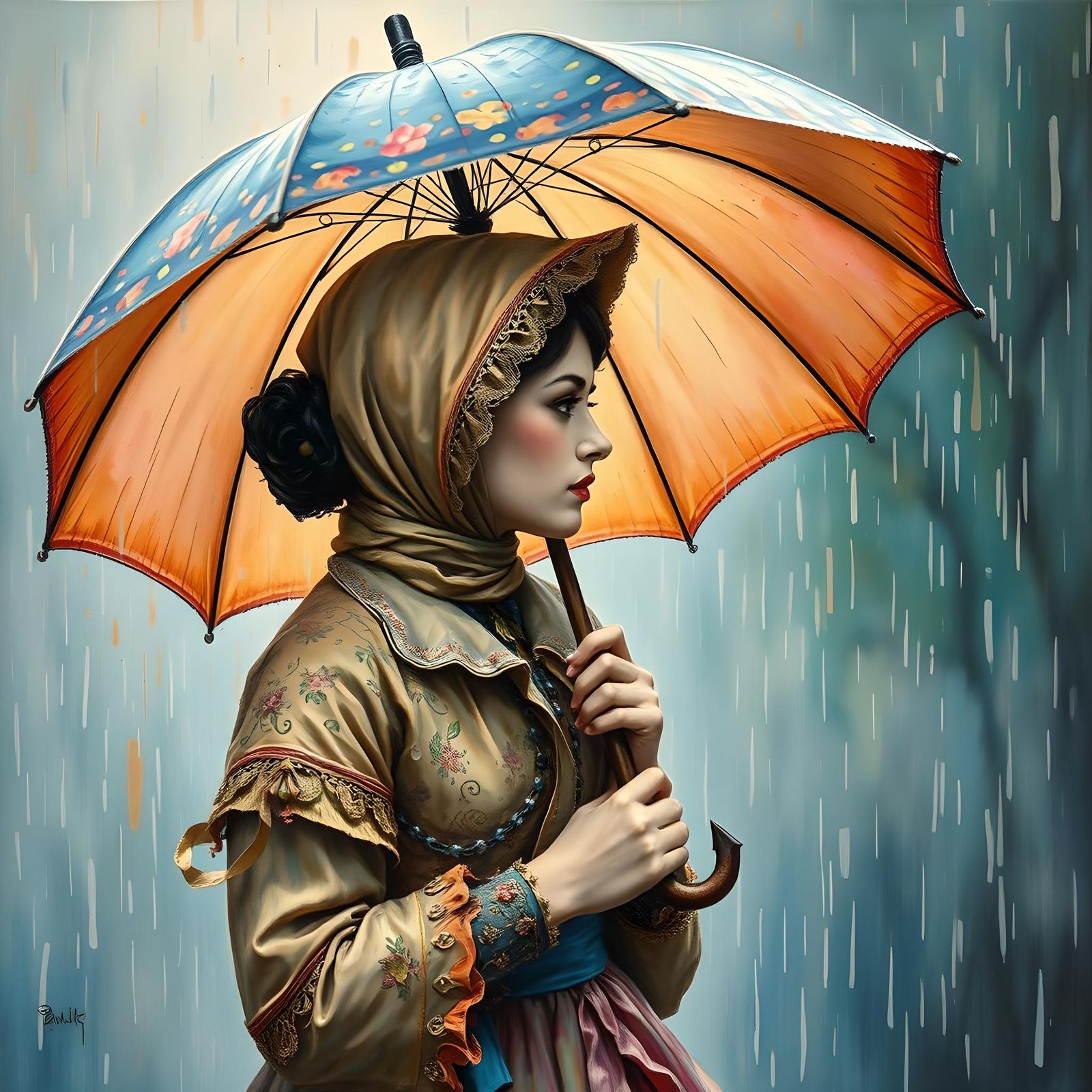 Woman Sheltering from Rain in Expressionist Painting