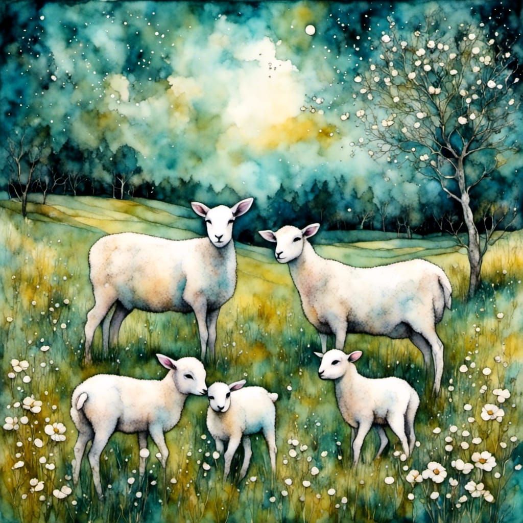 Happy Lambs in Pasture, Liquid Ink Style