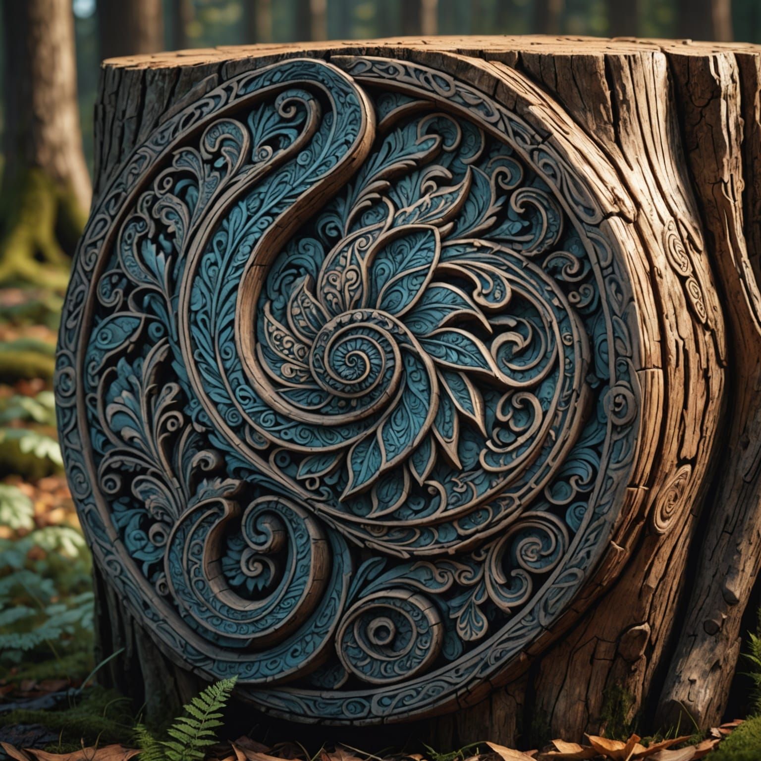 Paisley Wood Carving on Stump in Detailed Matte Painting