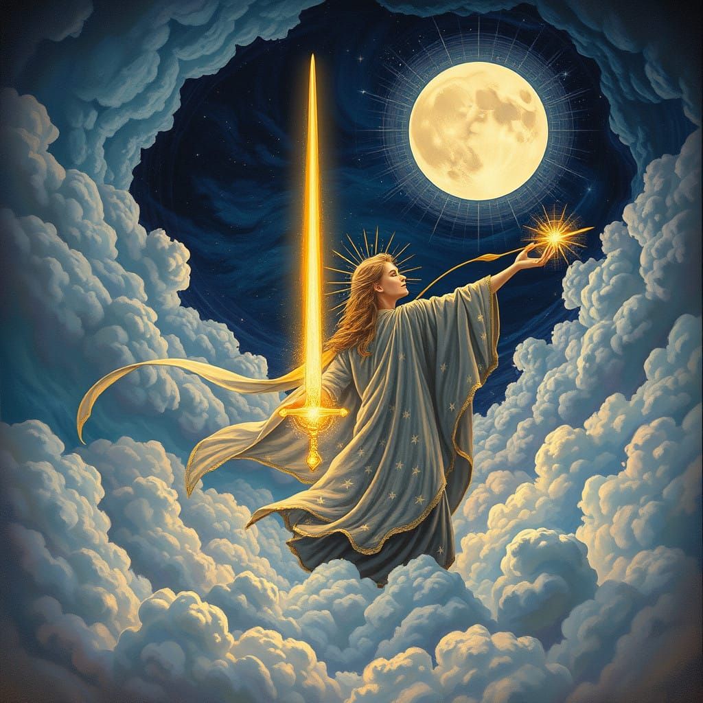 Cosmic Being Stabs Sun, Fires Arrow at Moon in Dreamlike Cel...