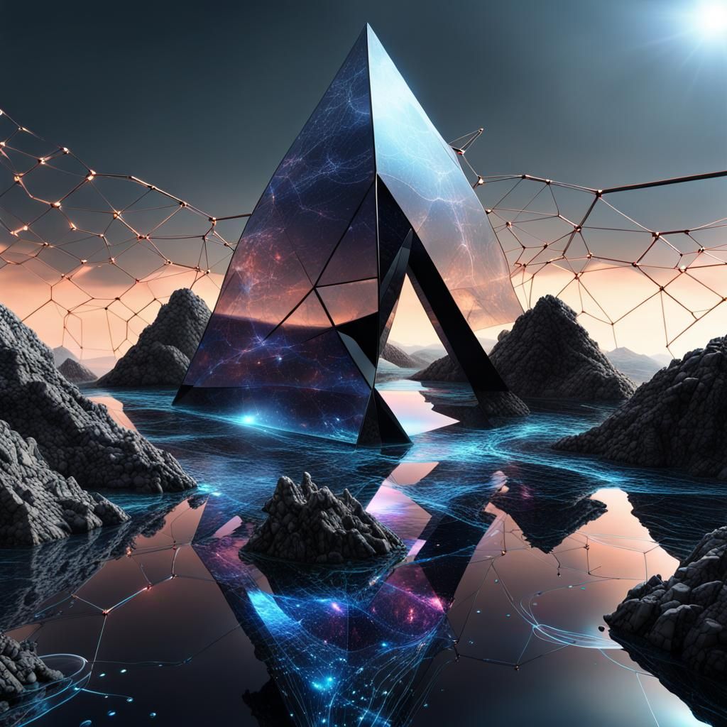 Geometric Cyberpunk Hillside with Floating Structures