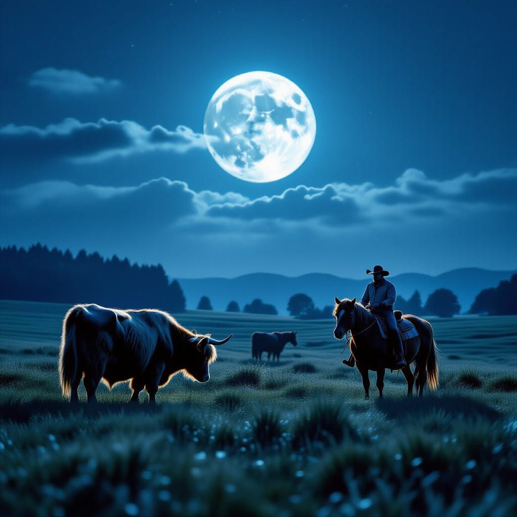 Moonlit Cowboy and Highland Cows in Cinematic Style