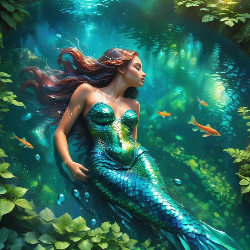 Realistic Mermaid in Lush Waterfall Pool