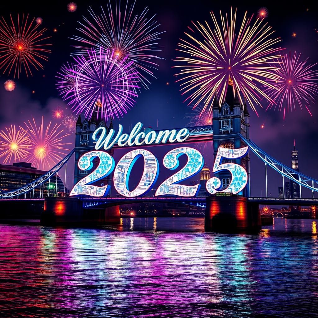 Vibrant London Bridge Countdown to 2025 in Neon Dreams