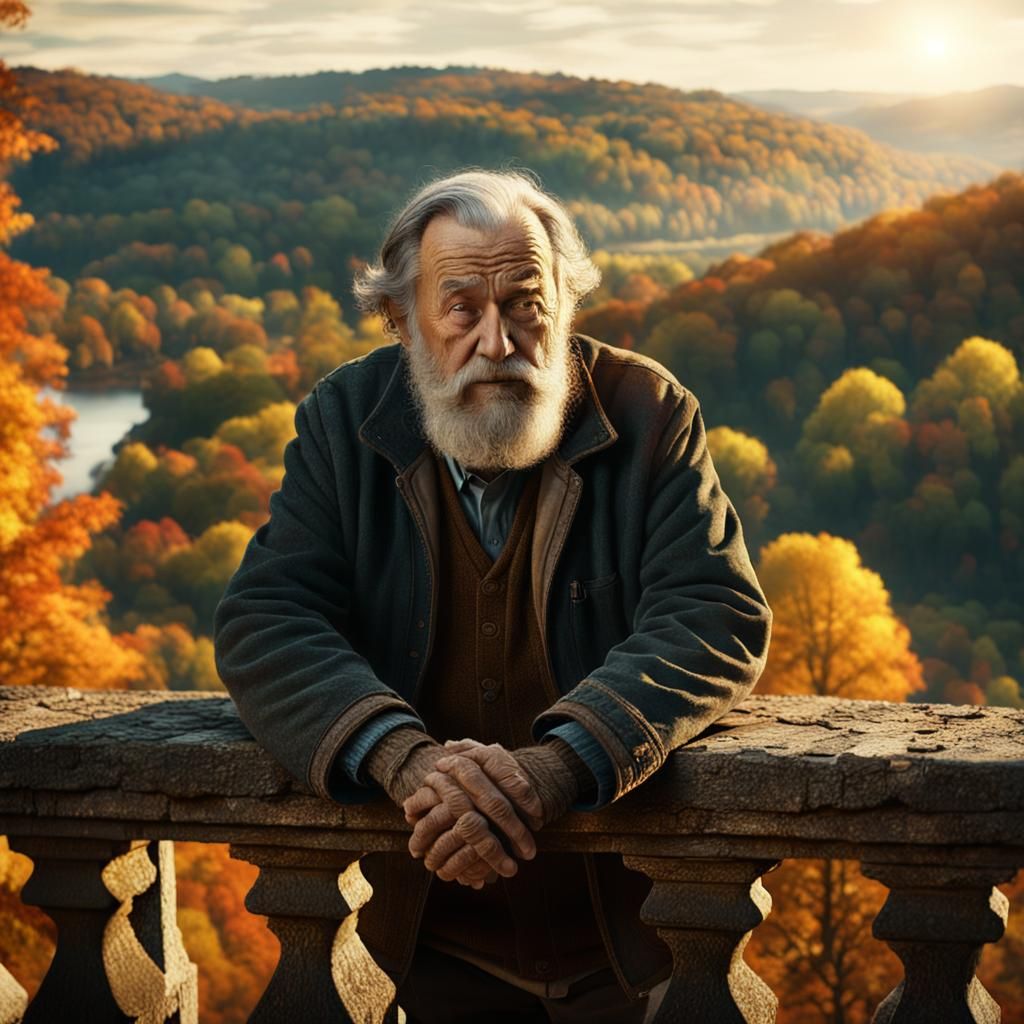 Hopeful Old Man Gazing at Autumn Landscape
