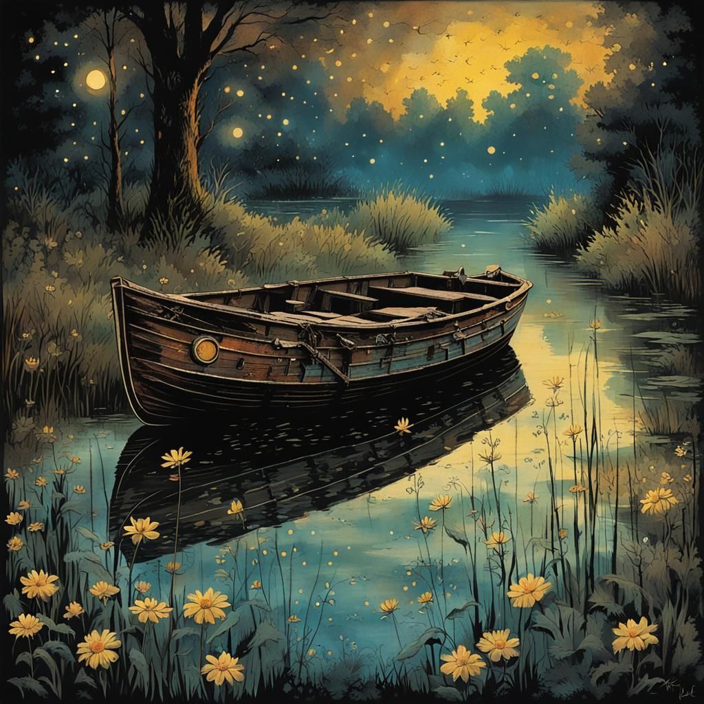 Fireflies Light a Derelict Boat: Dark Fantasy Art