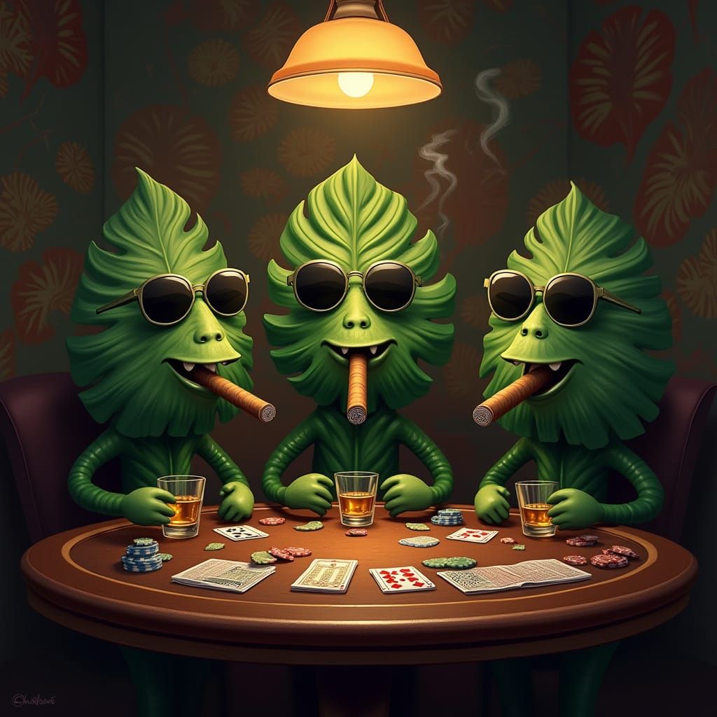 Vintage-Style Plant Mobsters Gather Around Poker Table