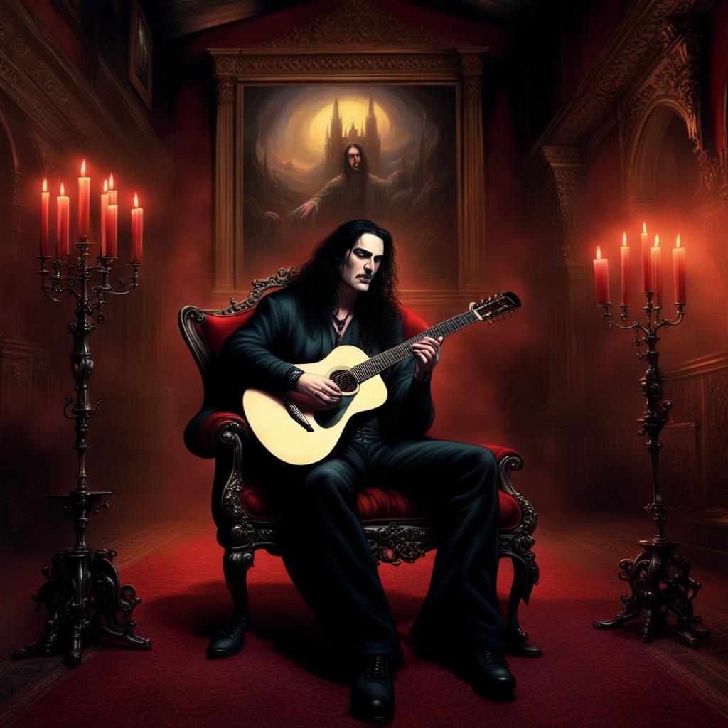 Gothic Guitarist on Throne in Ethereal Fantasy Style