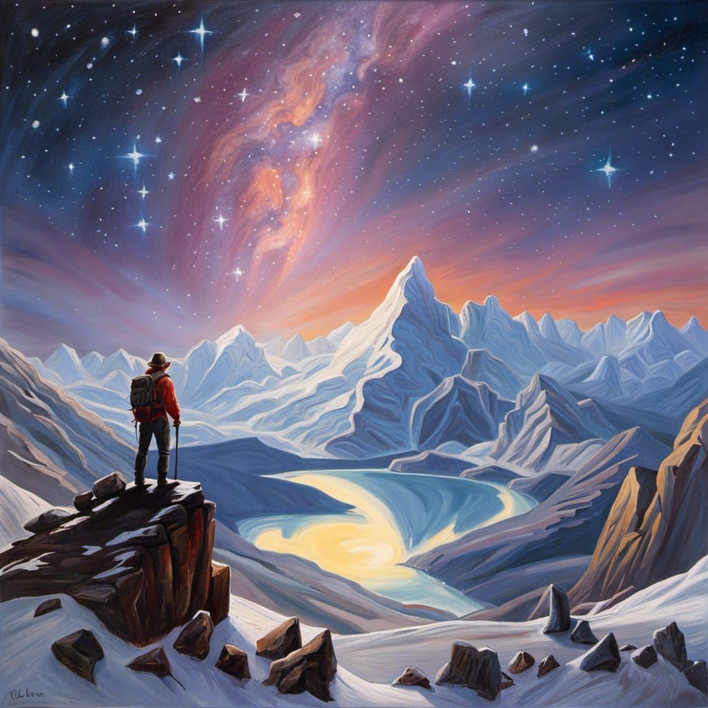 Explorer Under Starlight: Impressionistic Mountain Vista