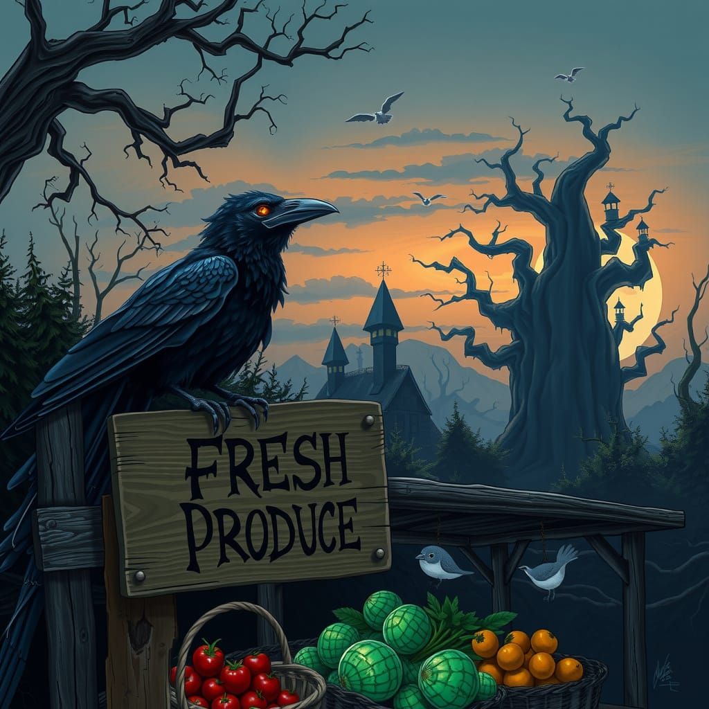 Bioluminescent Produce Stand Under Twilight Sky