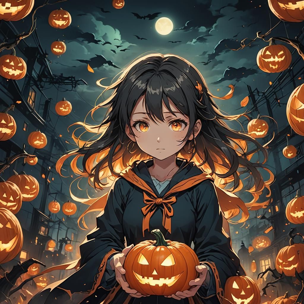 Girl Drives Out Evil Spirits with Pumpkin: Anime Art