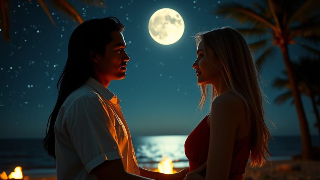 Romantic Couple Silhouetted Under Starry Night Sky by Sea