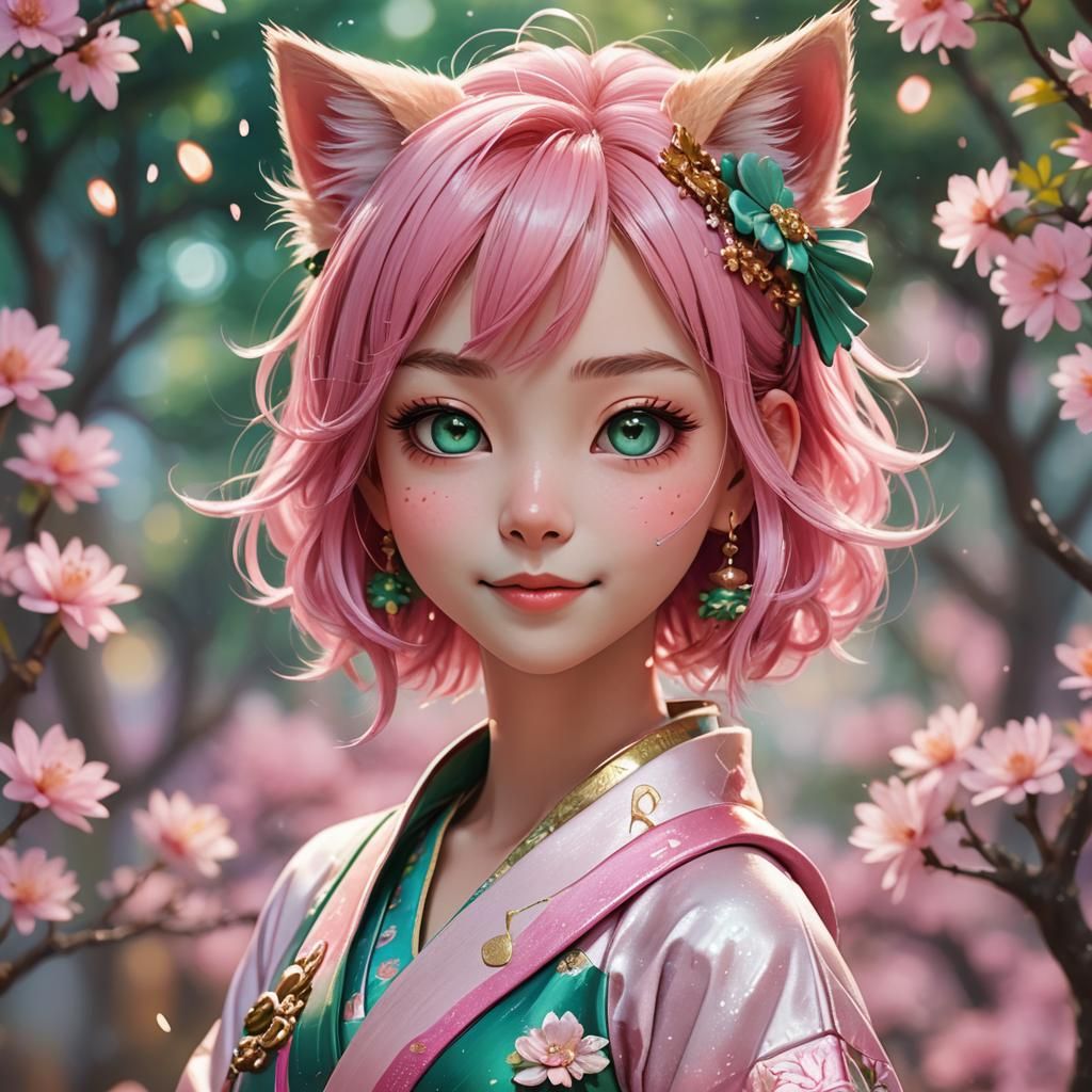 Anime Kitten Girl Portrait in Vibrant Pink Hues