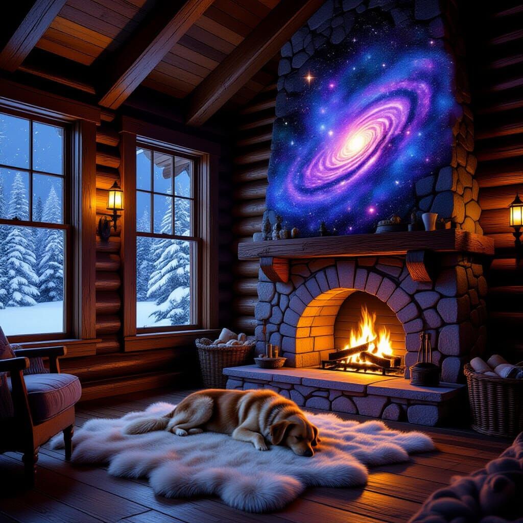 Rustic Cabin Interior with Cosmic Fireplace