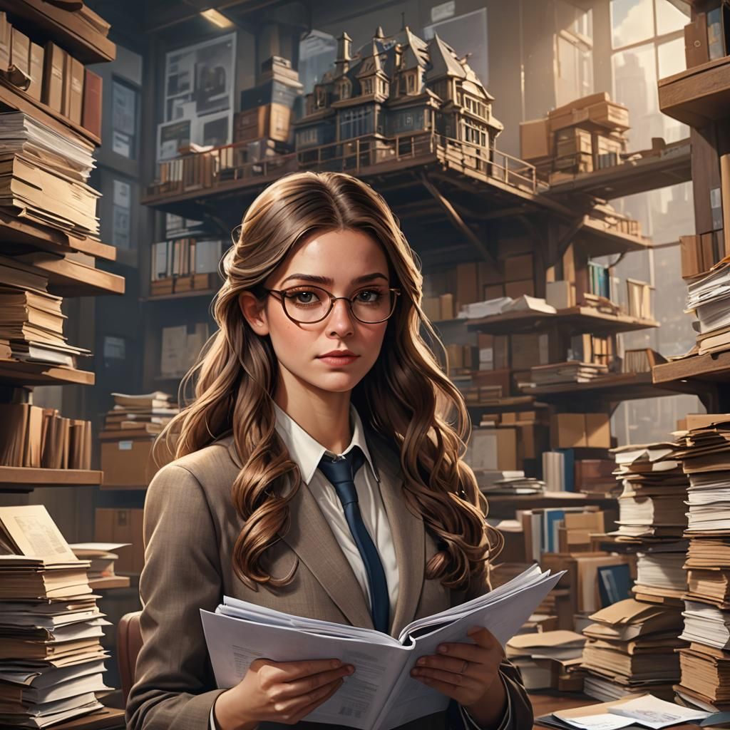 Young Woman in Office: Detailed Fantasy Concept Art
