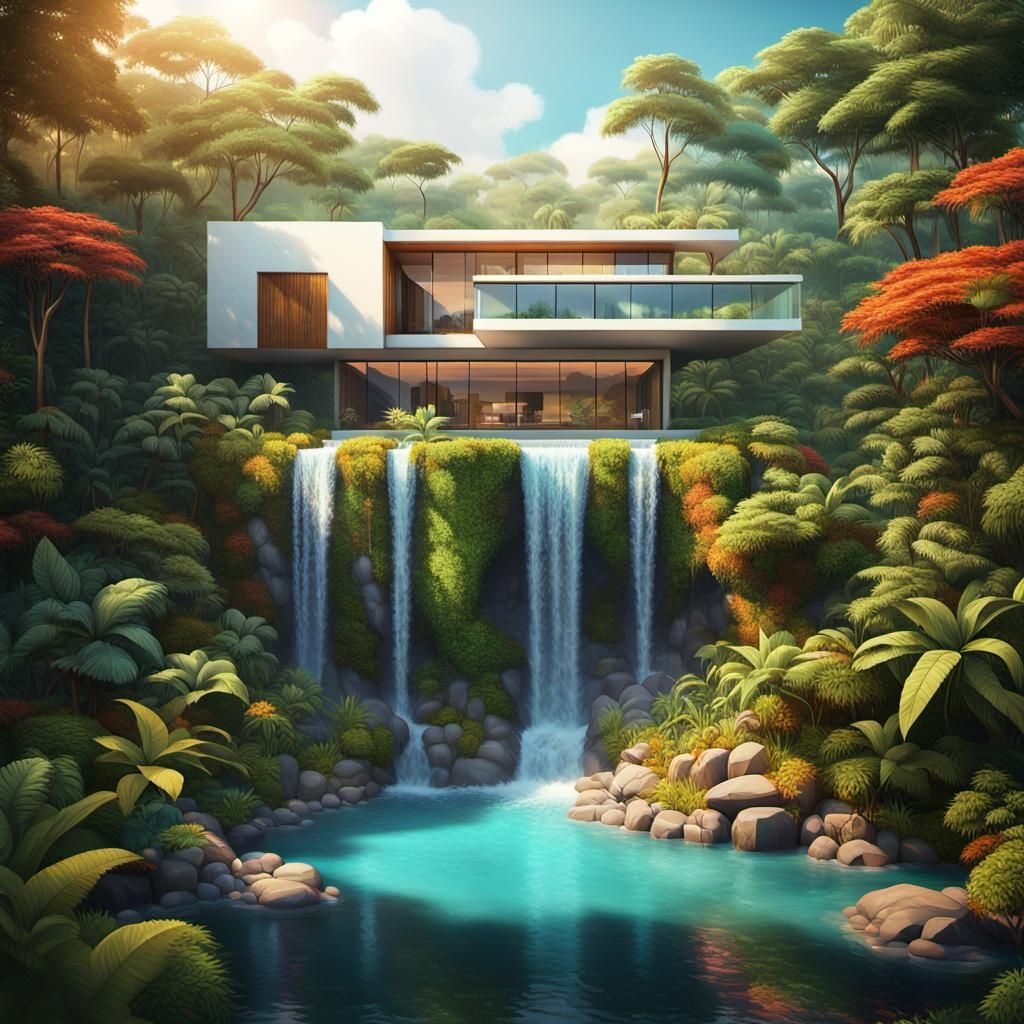Minimalist House on Waterfall in Tropical Forest