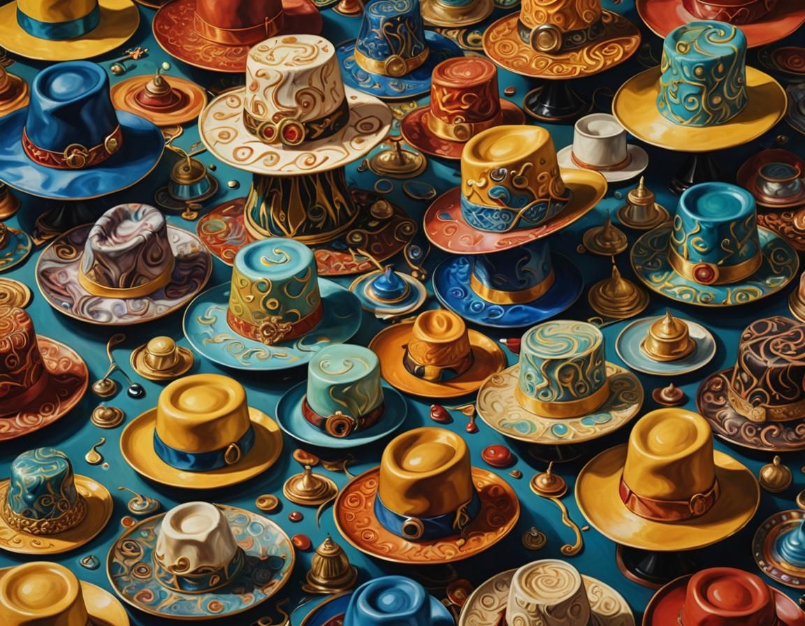 Surreal Hats on Melting Table, Oil on Canvas