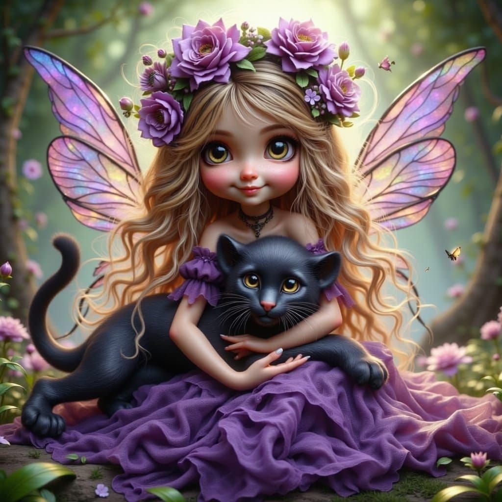 Toddler Fairy with Black Panther, Adorned with Purple Flower...