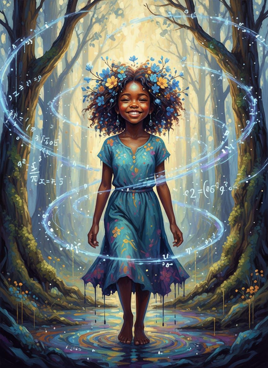 Joyful Girl with Glowing Flower Crown in Stardust Grove