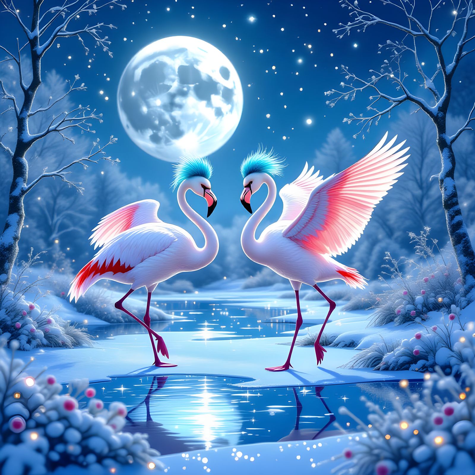 Flamingos Waltzing on Frozen Pond Under Silver Moon