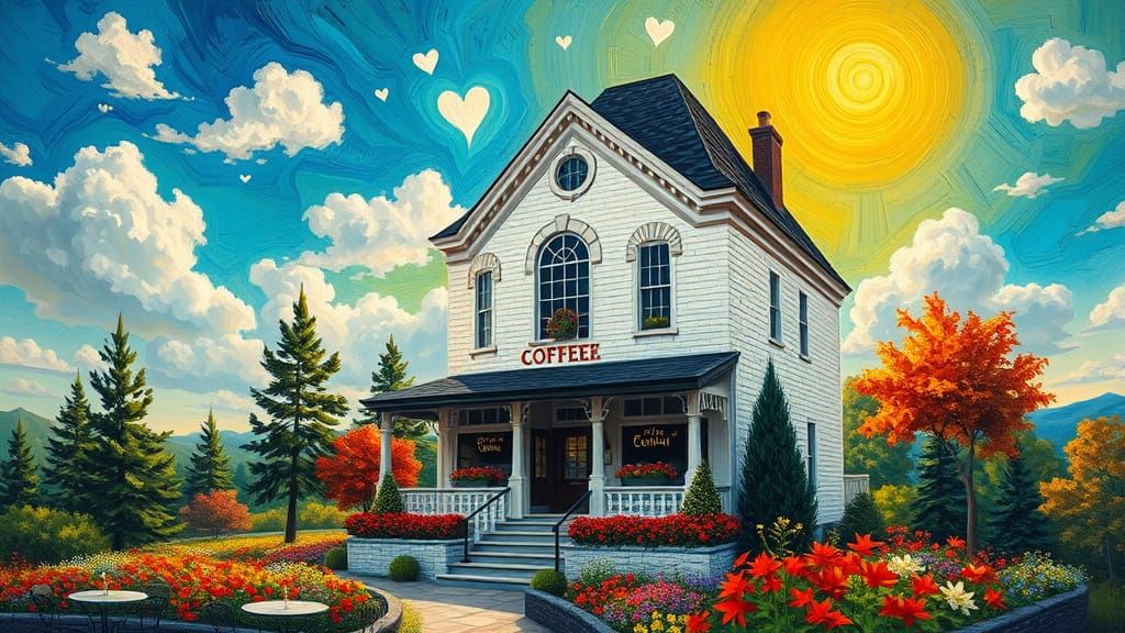 Dreamlike Victorian Coffee Shop in a Whimsical Sky