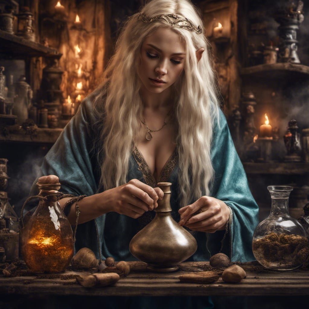 Elven Sorceress Brewing Potion in Hyperrealistic Style