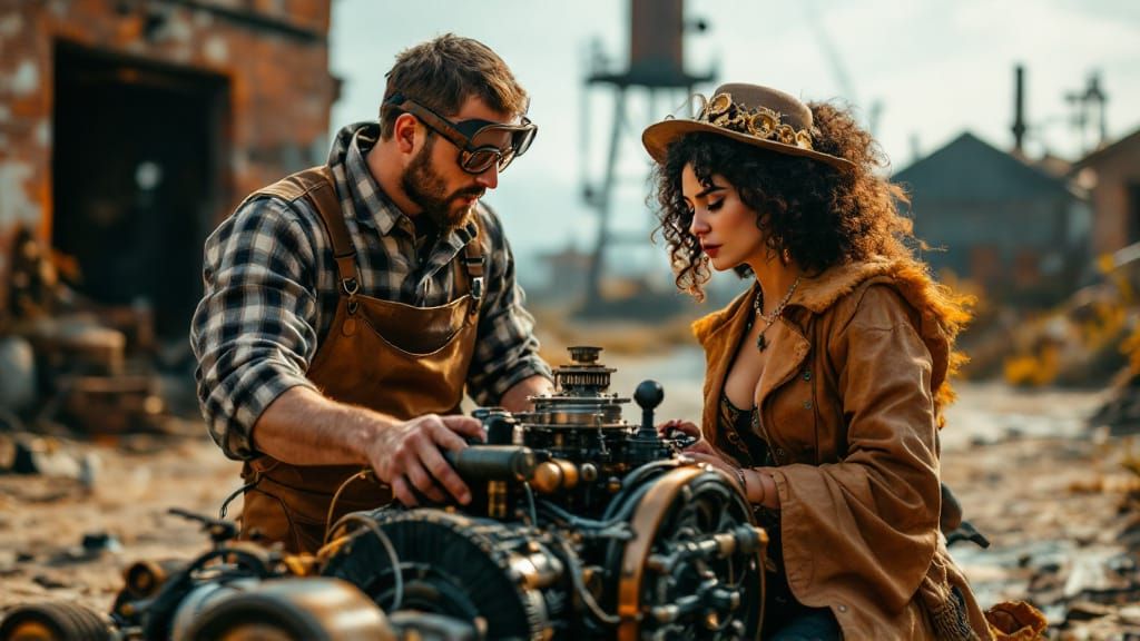 Steampunk Mechanic and Lady with Broken Down Car