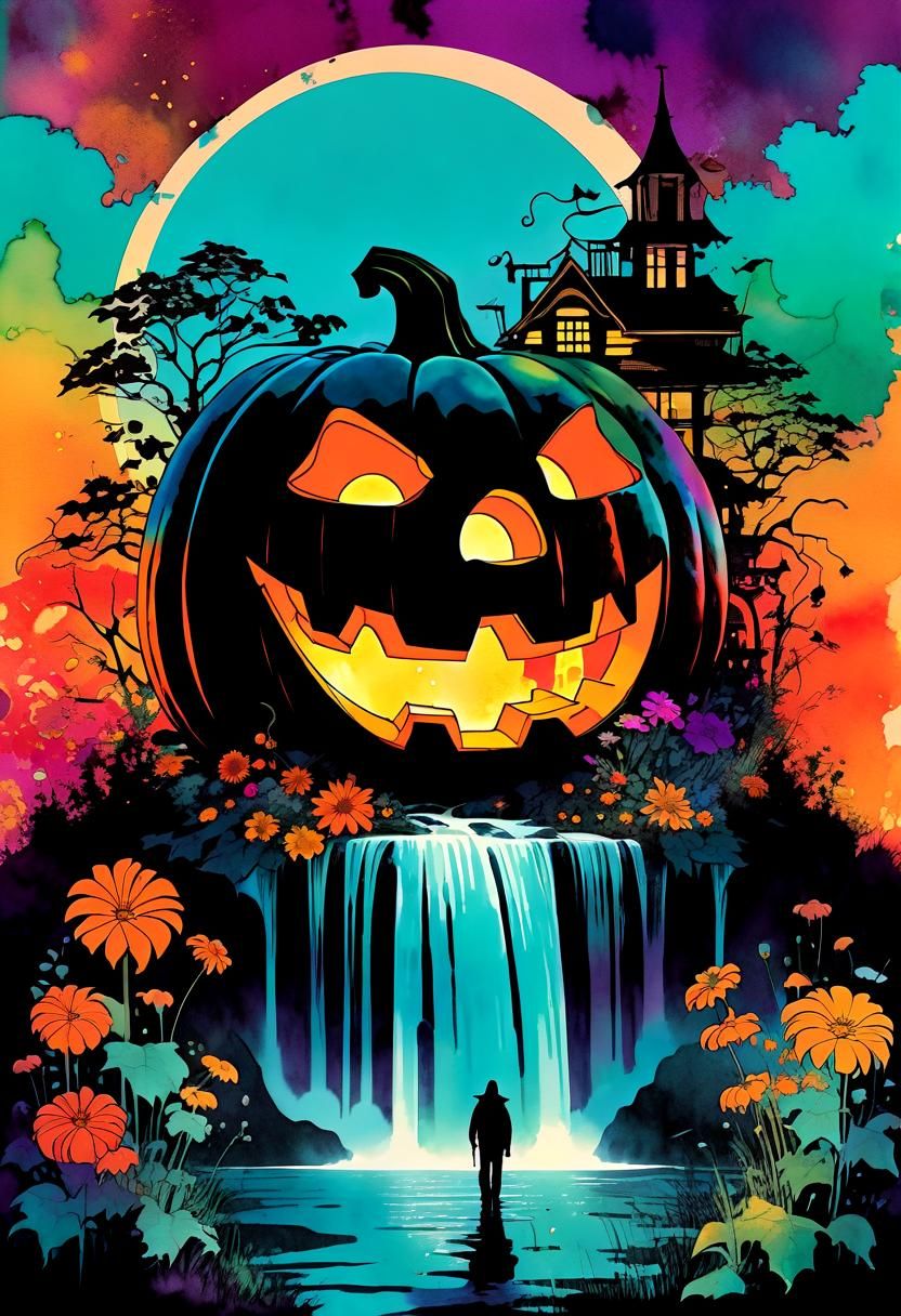 Psychedelic Jack-o'-Lantern Sunset in Grungy Collage