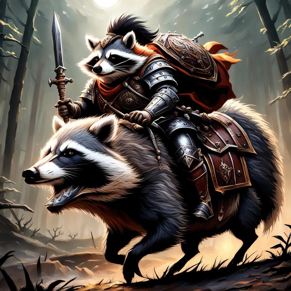 Raccoon Knight on His Trusty Boar Steed