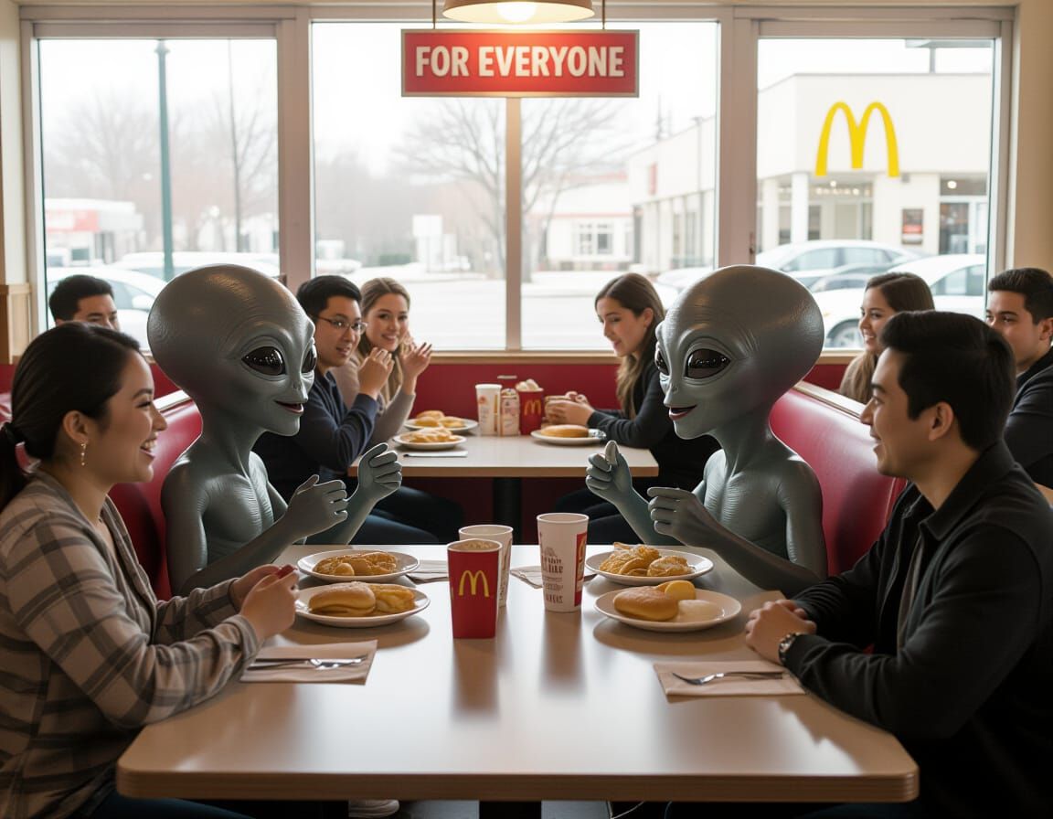 Happy Gray Aliens Enjoying McDonald's
