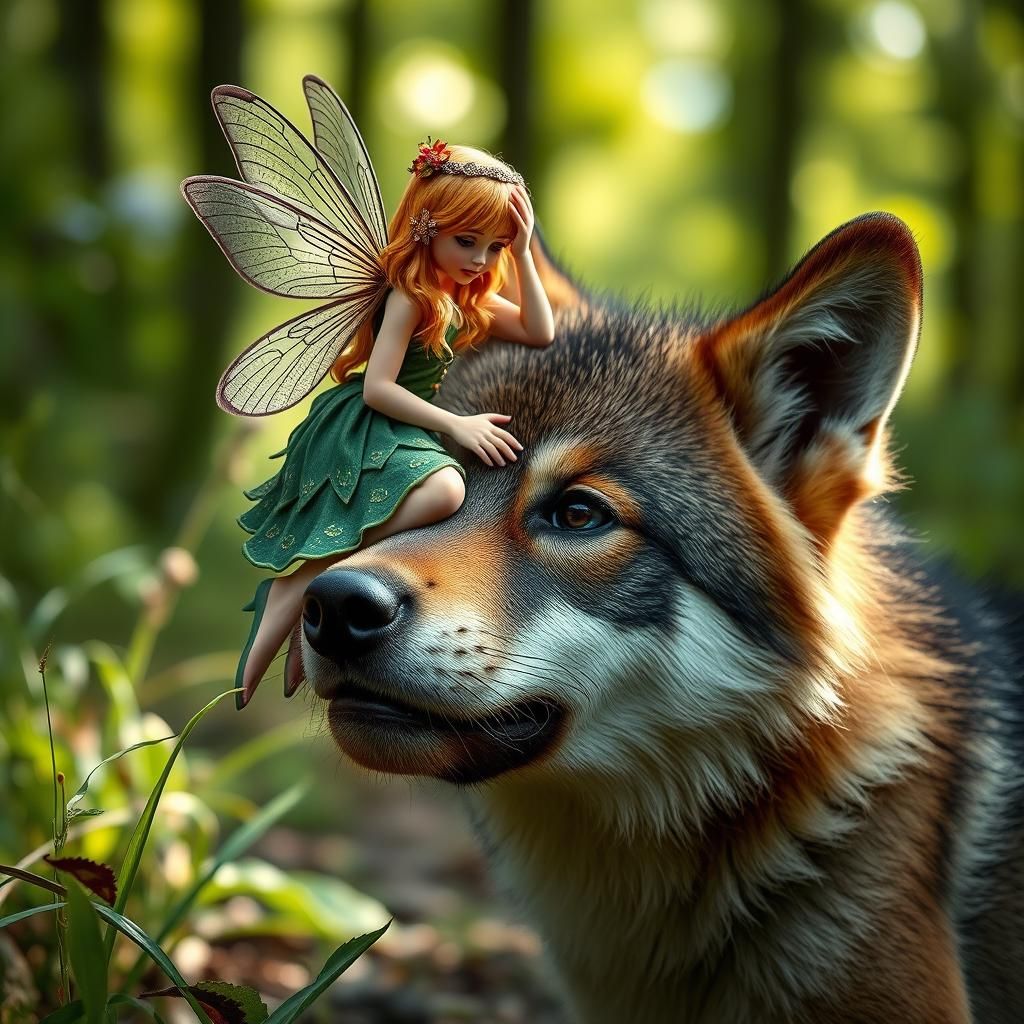 Fairy and Wolf Pup Encounter in Forest