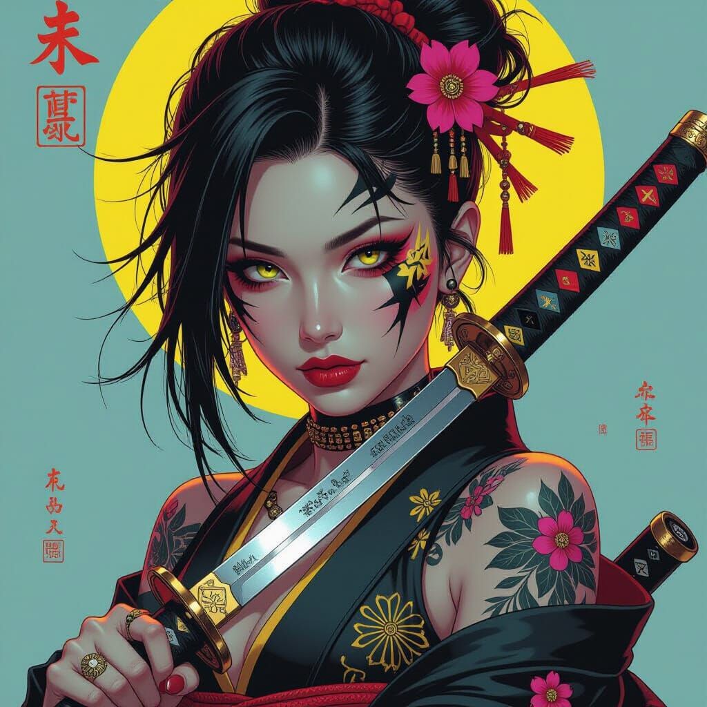 Gothic Punk Rebel Woman with Katana in Anime Art Style