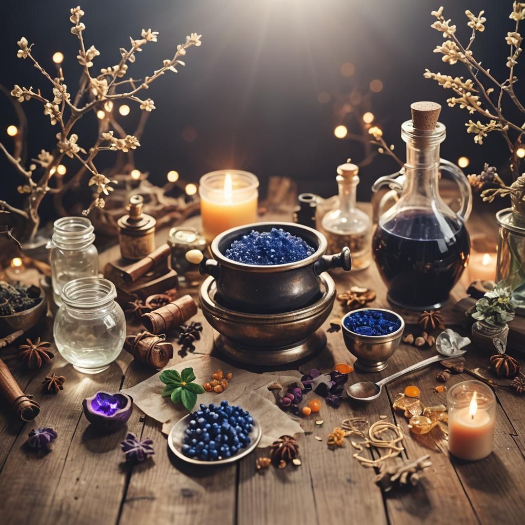 Mystical Potion Table with Strange Ingredients