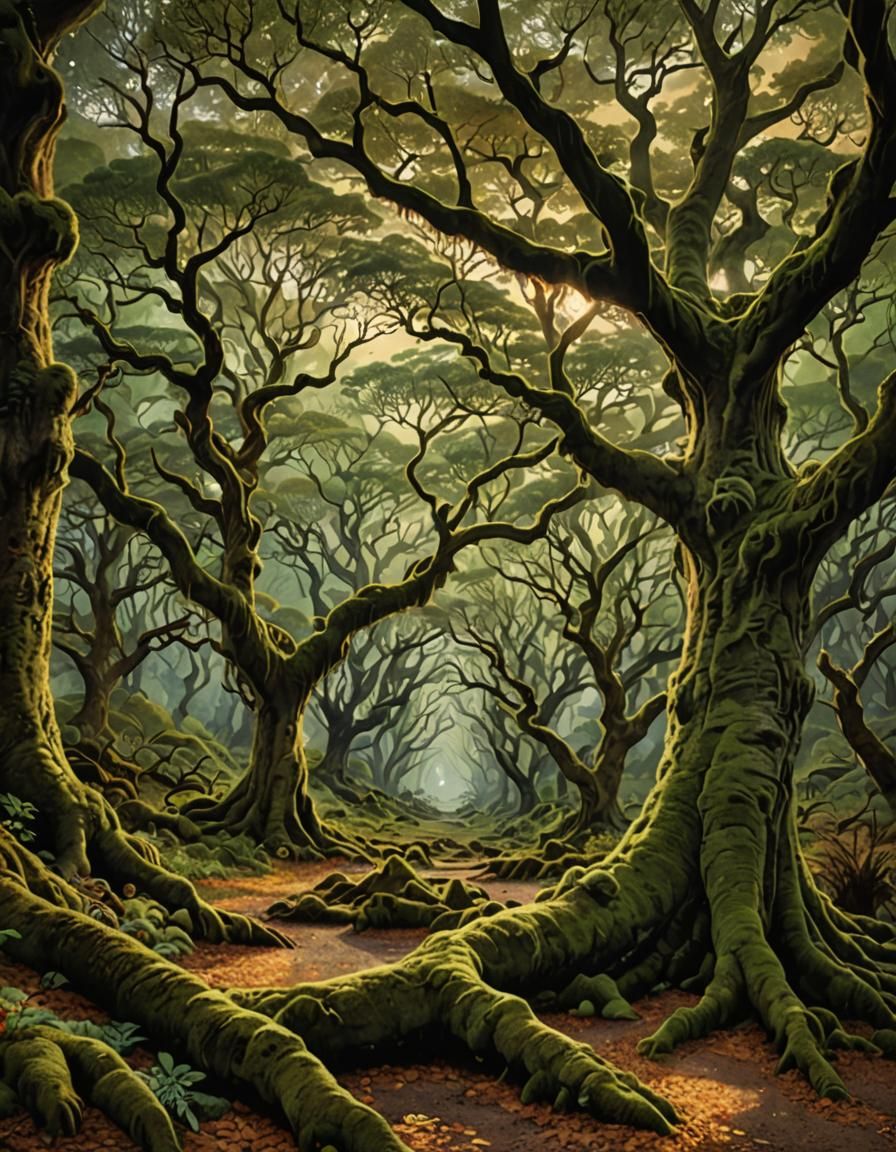 Enchanted Forest Scene with Deer at Twilight