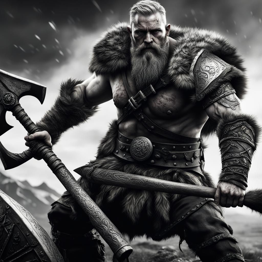 Wounded Viking Warrior with Axe in Black and White