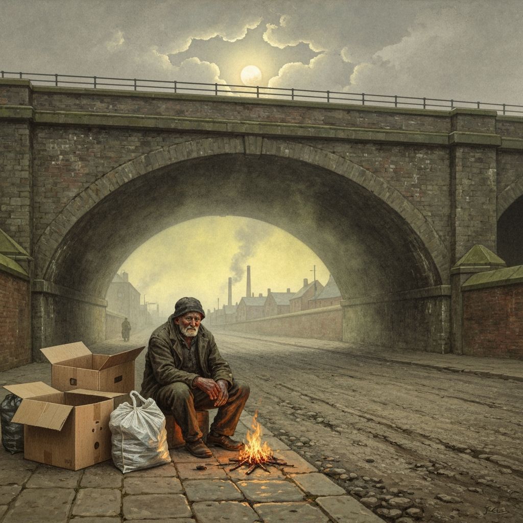 Homeless Man by Road Under Bridge in Misty English Town