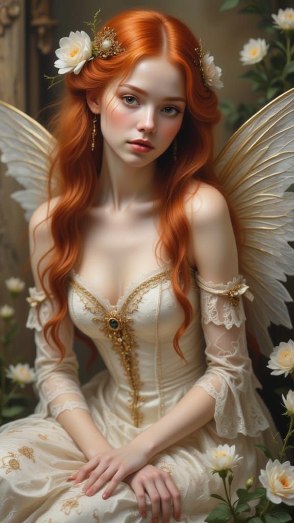 Fairy Woman with Red Hair and White Flowers