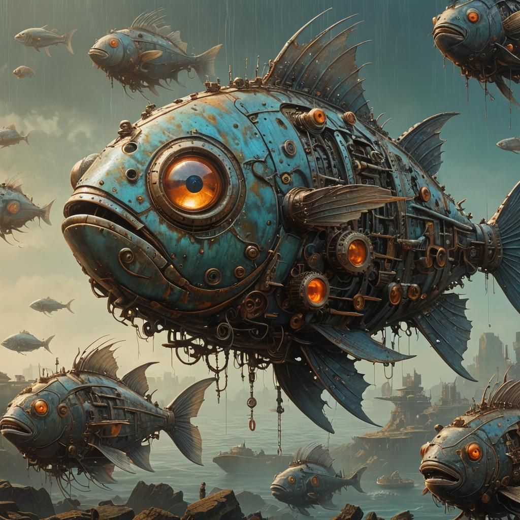 Biomechanical Bluefish in Surreal Metalscape