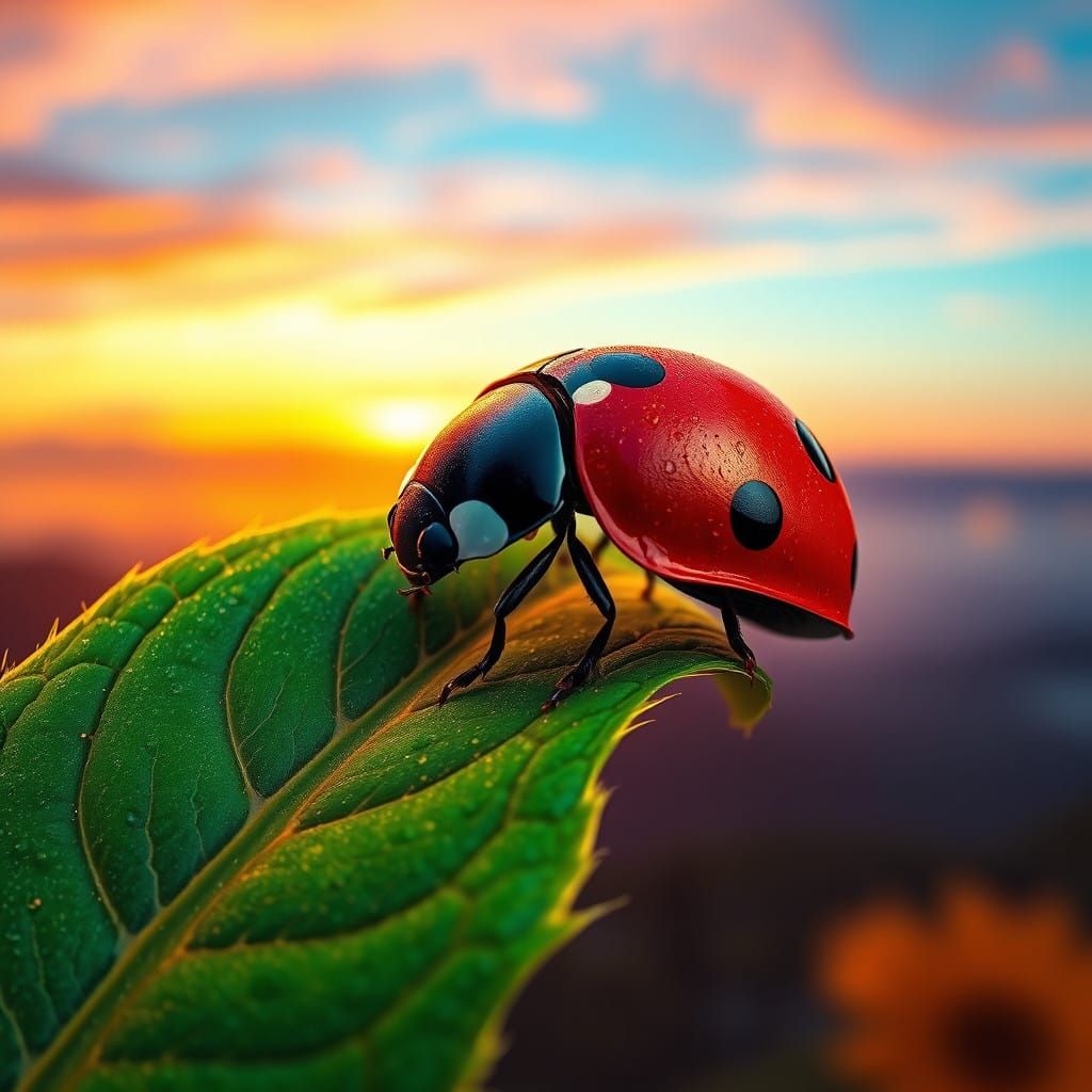 Ladybug in Vibrant Sunset on a Delicate Leaf