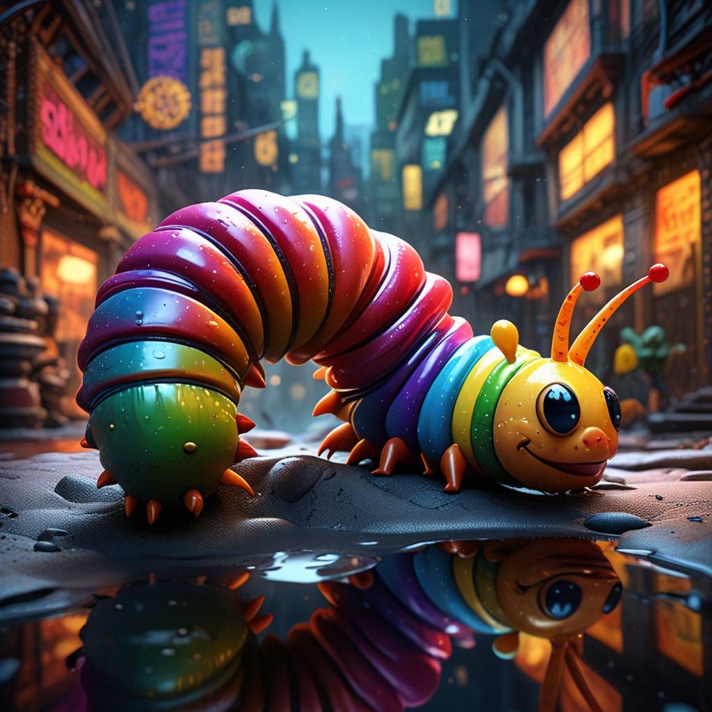 Candy Land Caterpillar in Vibrant, Cyberpunk Style